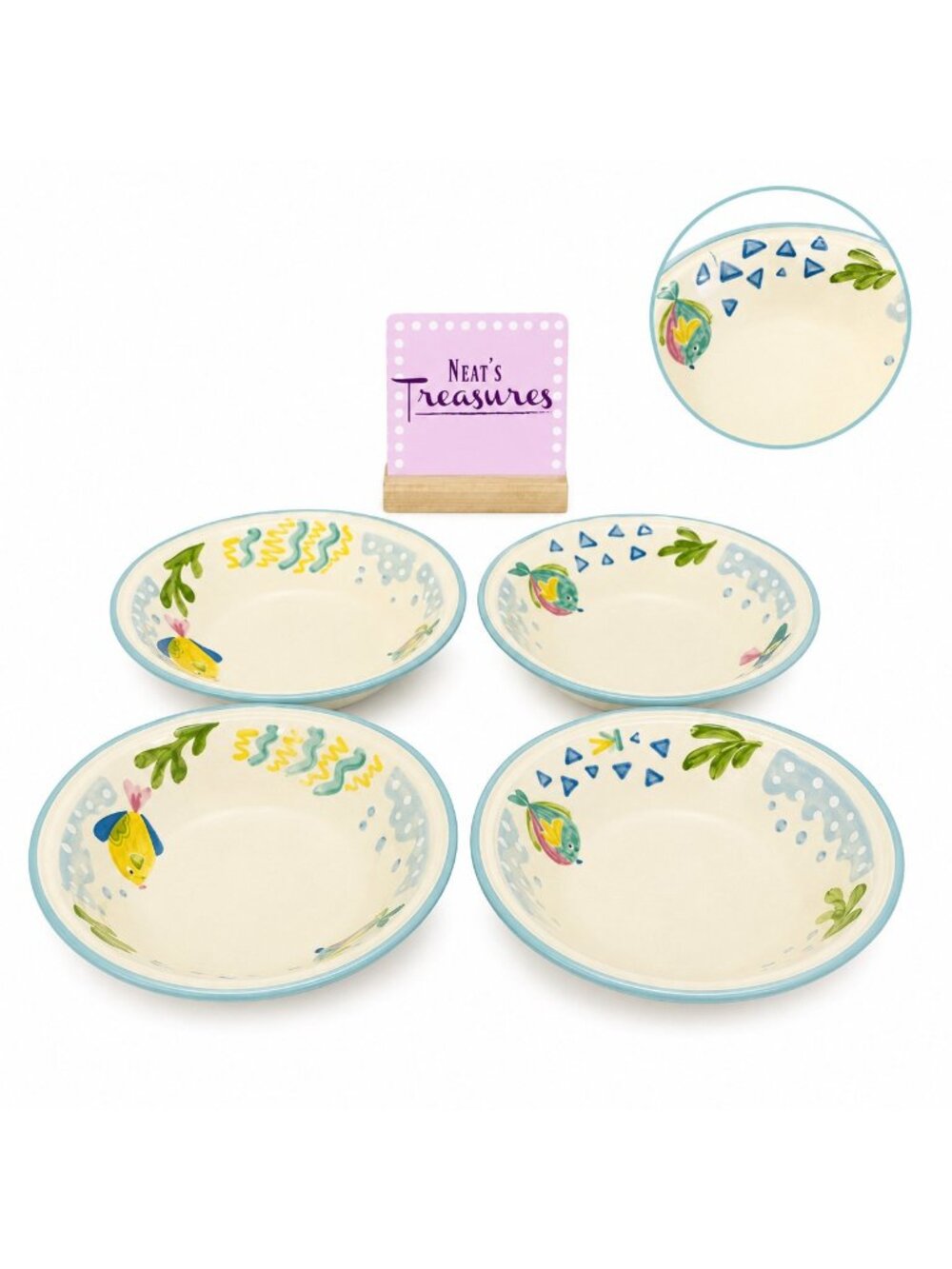 Studio Nova BARRIER REEF Y2310 Fish Aqua Tim Stoneware Soup Cereal Bowls Set 4